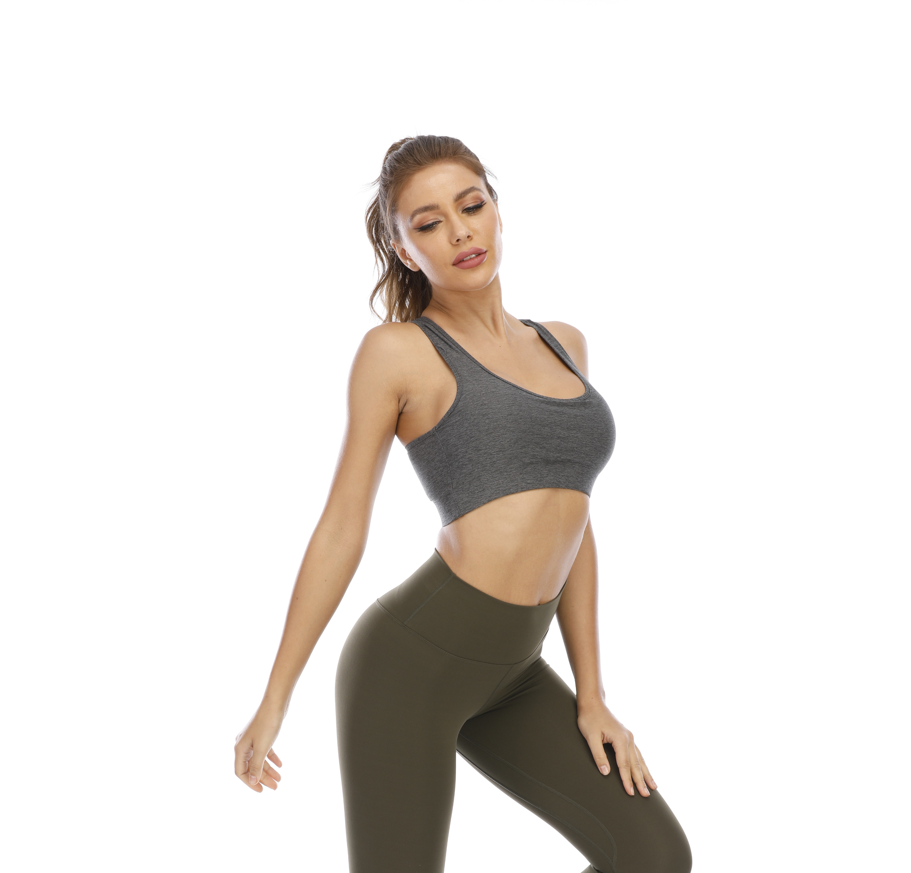 Women Light Grey Sports Bra Top Tank Long Sleeve