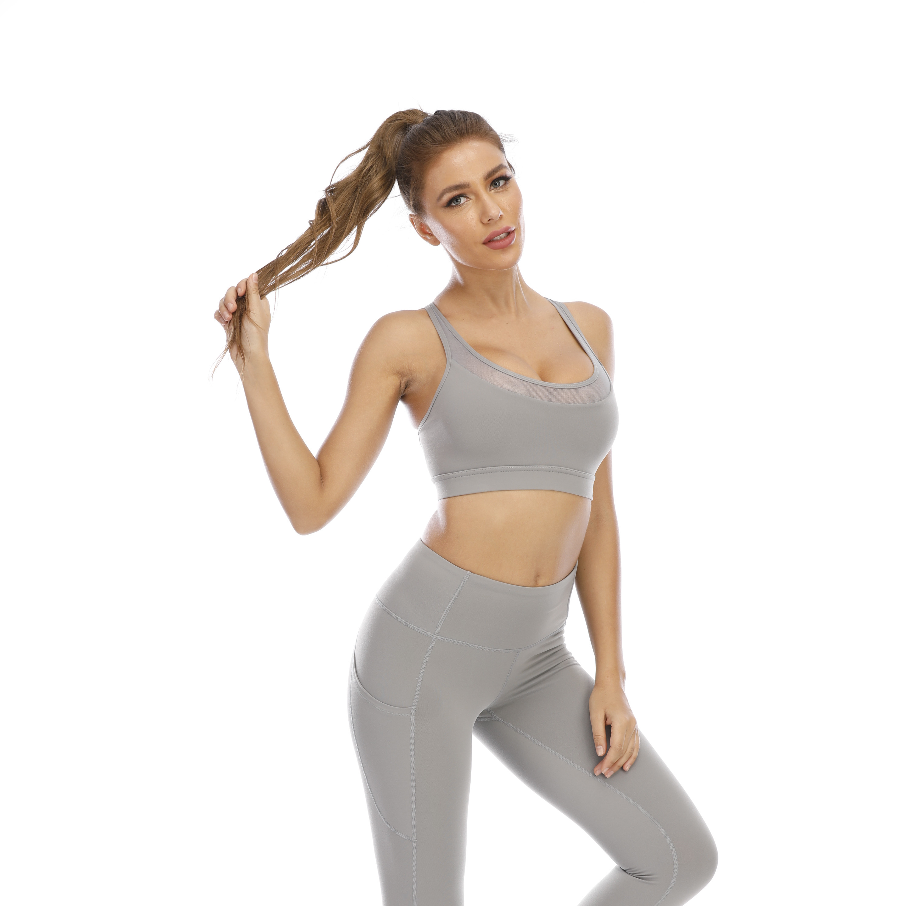 Women Grey White Sports Bra Top Tank Long Sleeve