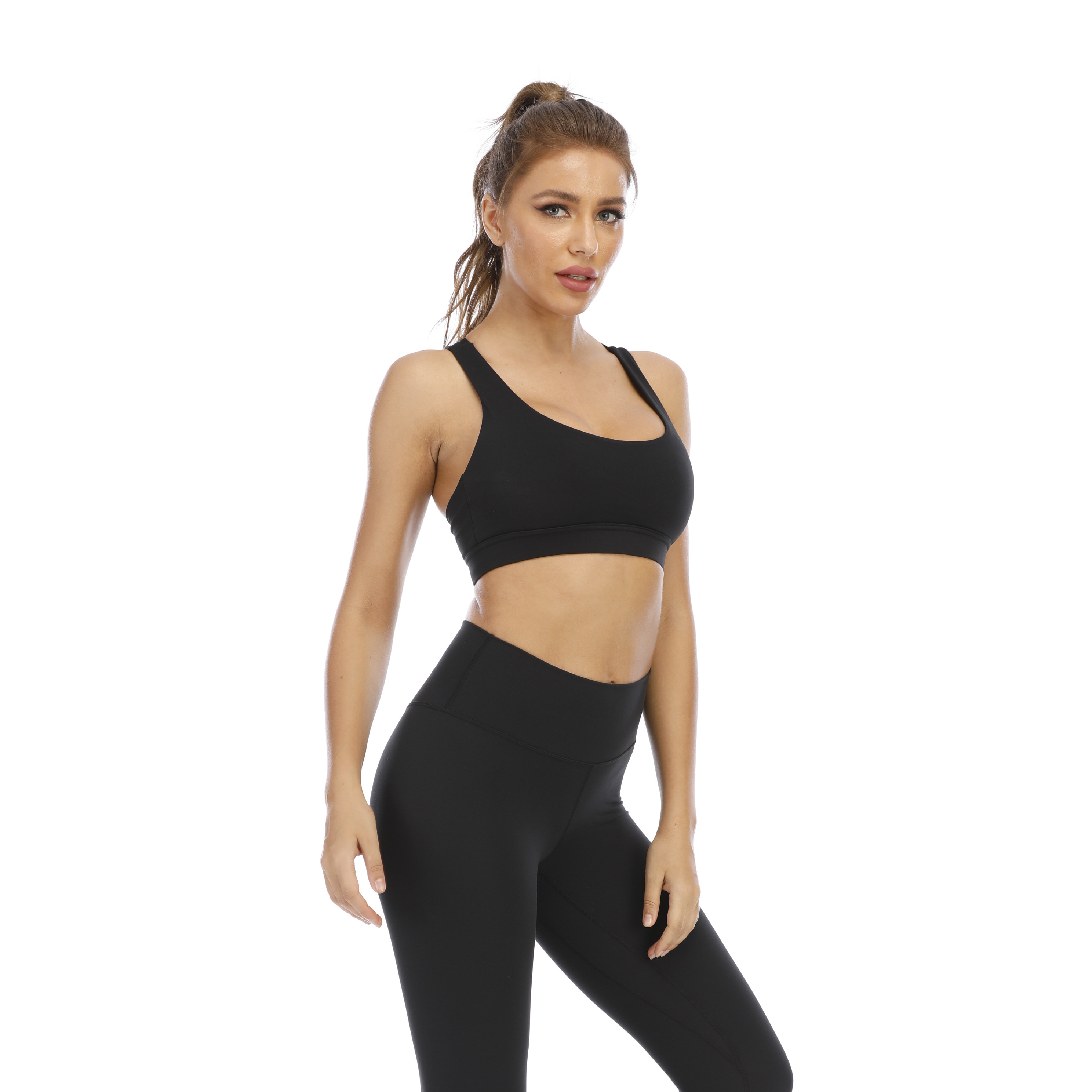 Women Pure Black Hollow back Sports Bra Top Tank Long Sleeve