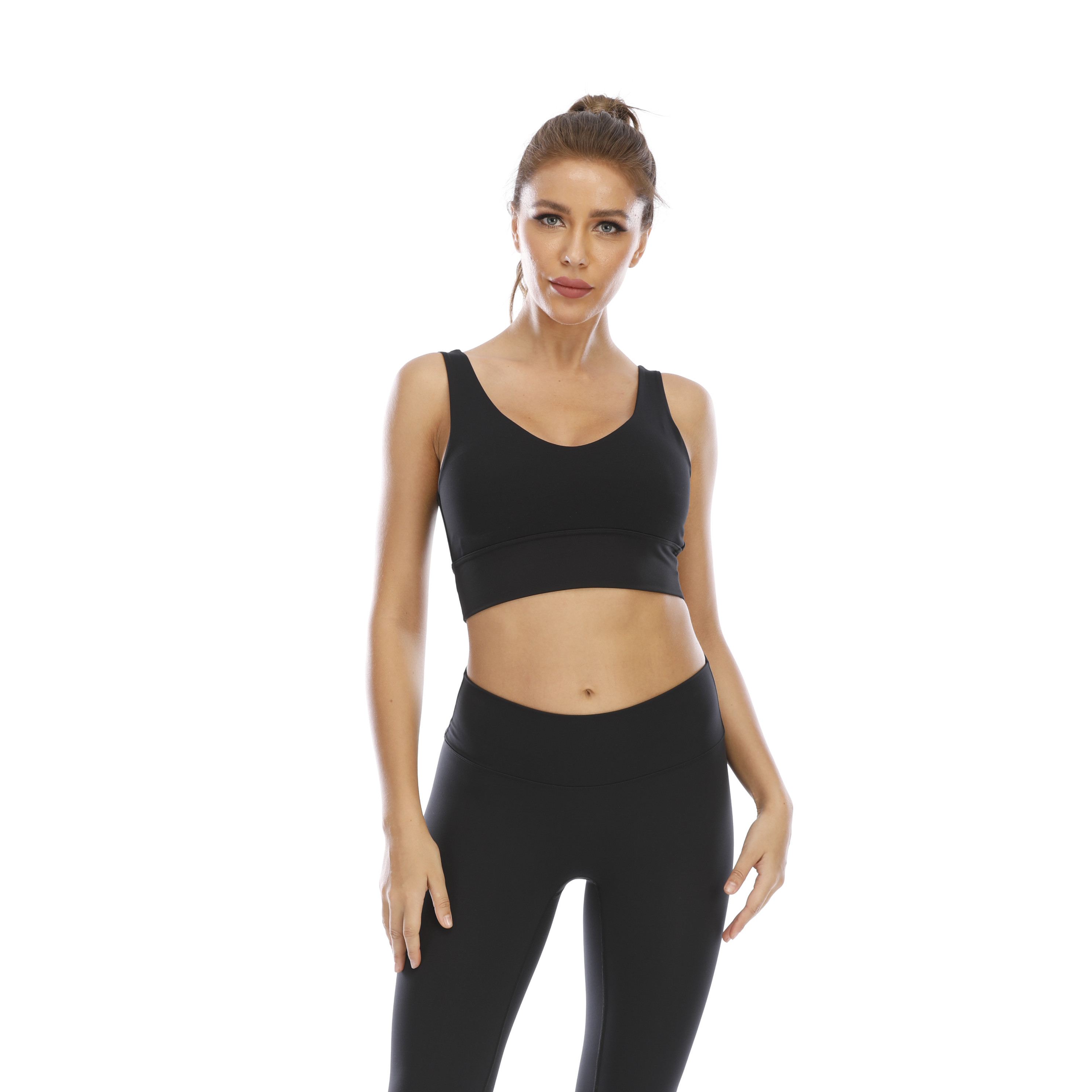 Women Pure Black U Shape Sports Bra Top Tank Long Sleeve