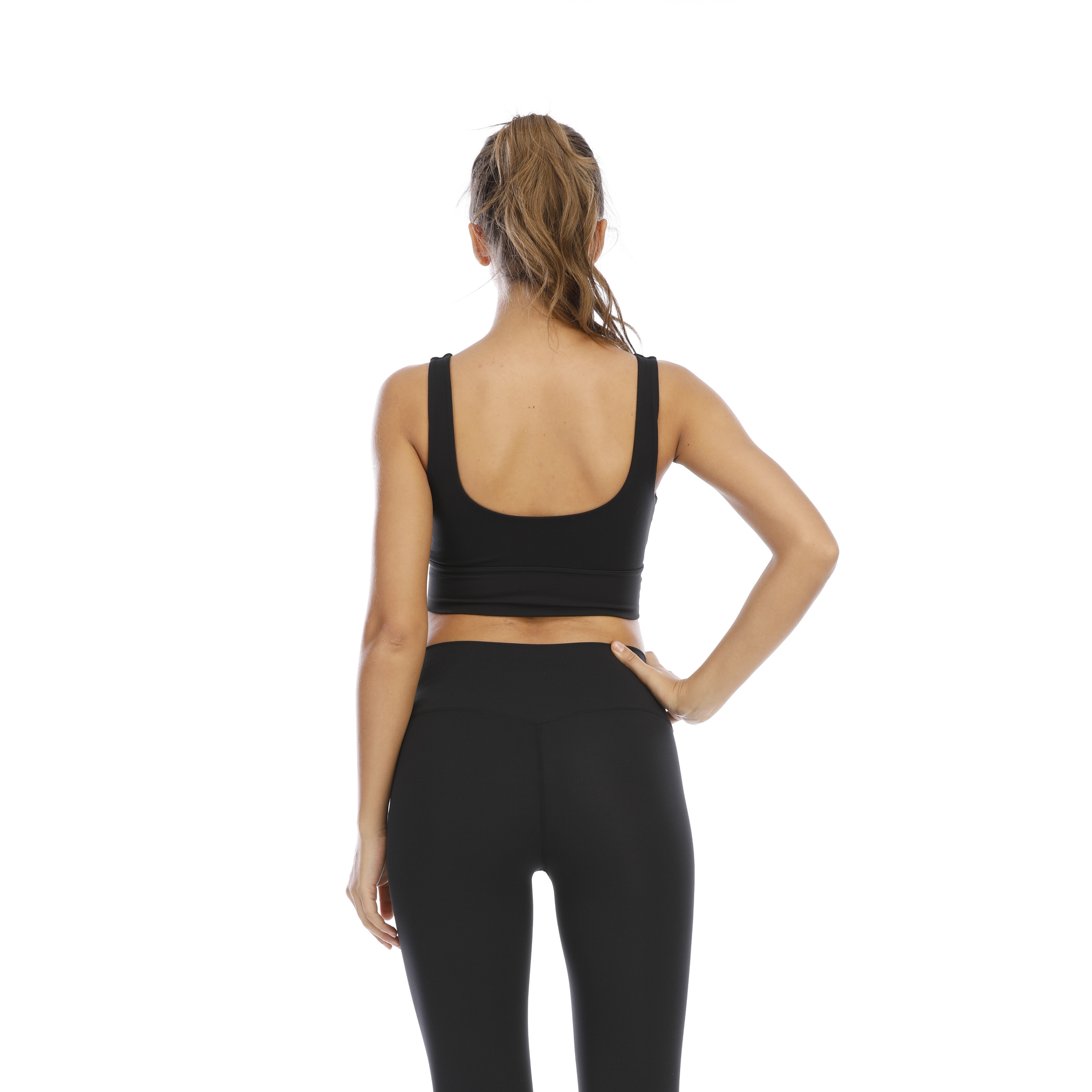 Women Pure Black U Shape Sports Bra Top Tank Long Sleeve