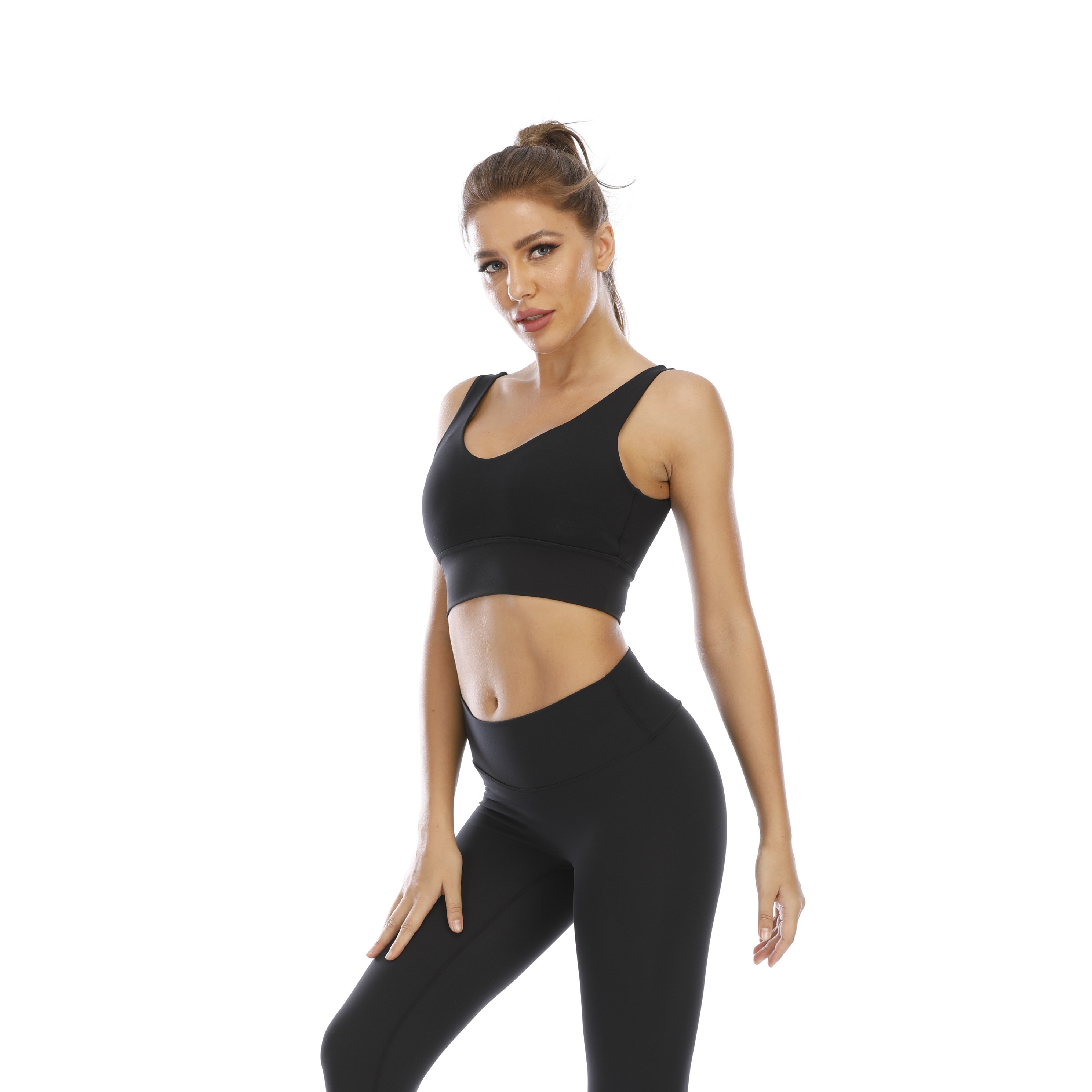 Women Pure Black U Shape Sports Bra Top Tank Long Sleeve