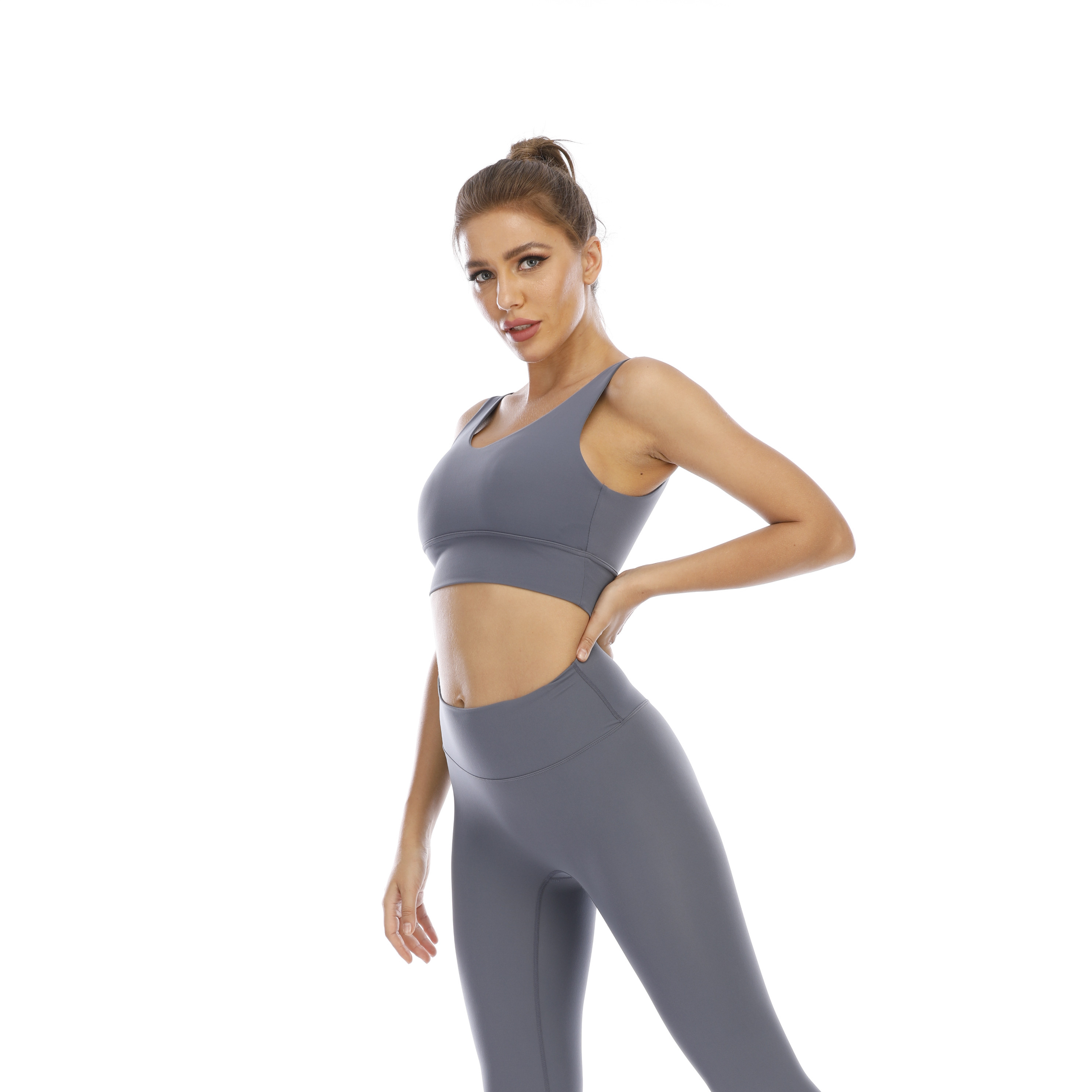 Women Blue Grey Sports Bra Top Tank Long Sleeve