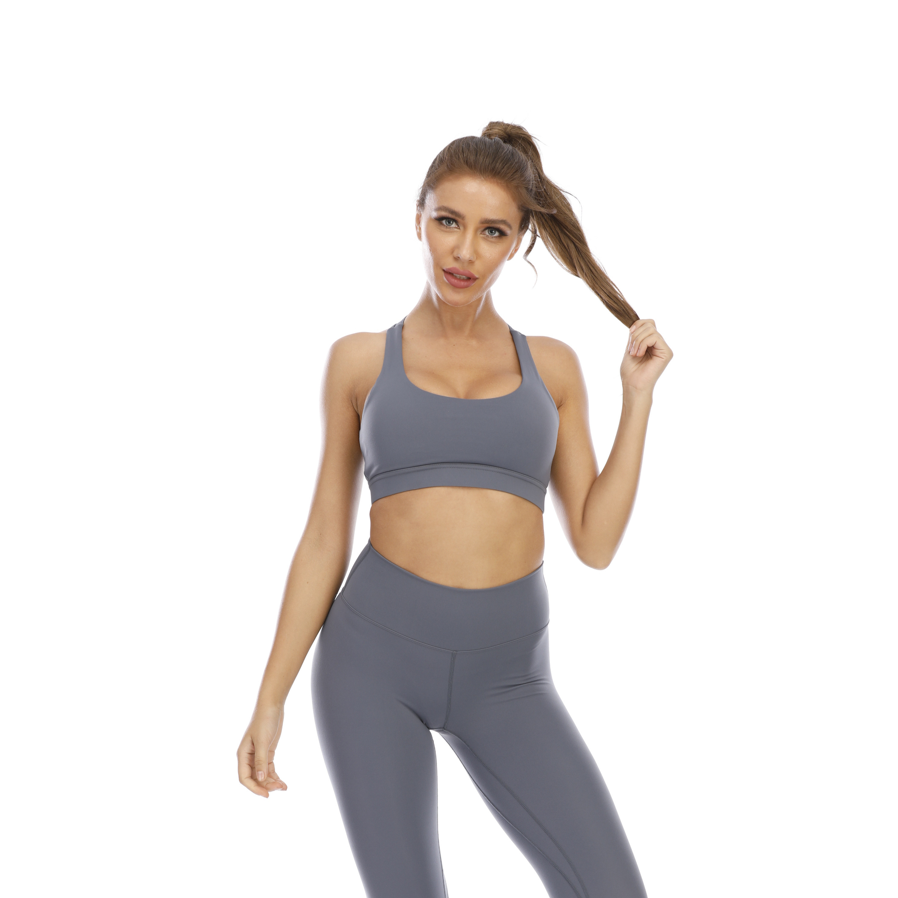 Women Blue Grey Sports Bra Top Tank Long Sleeve