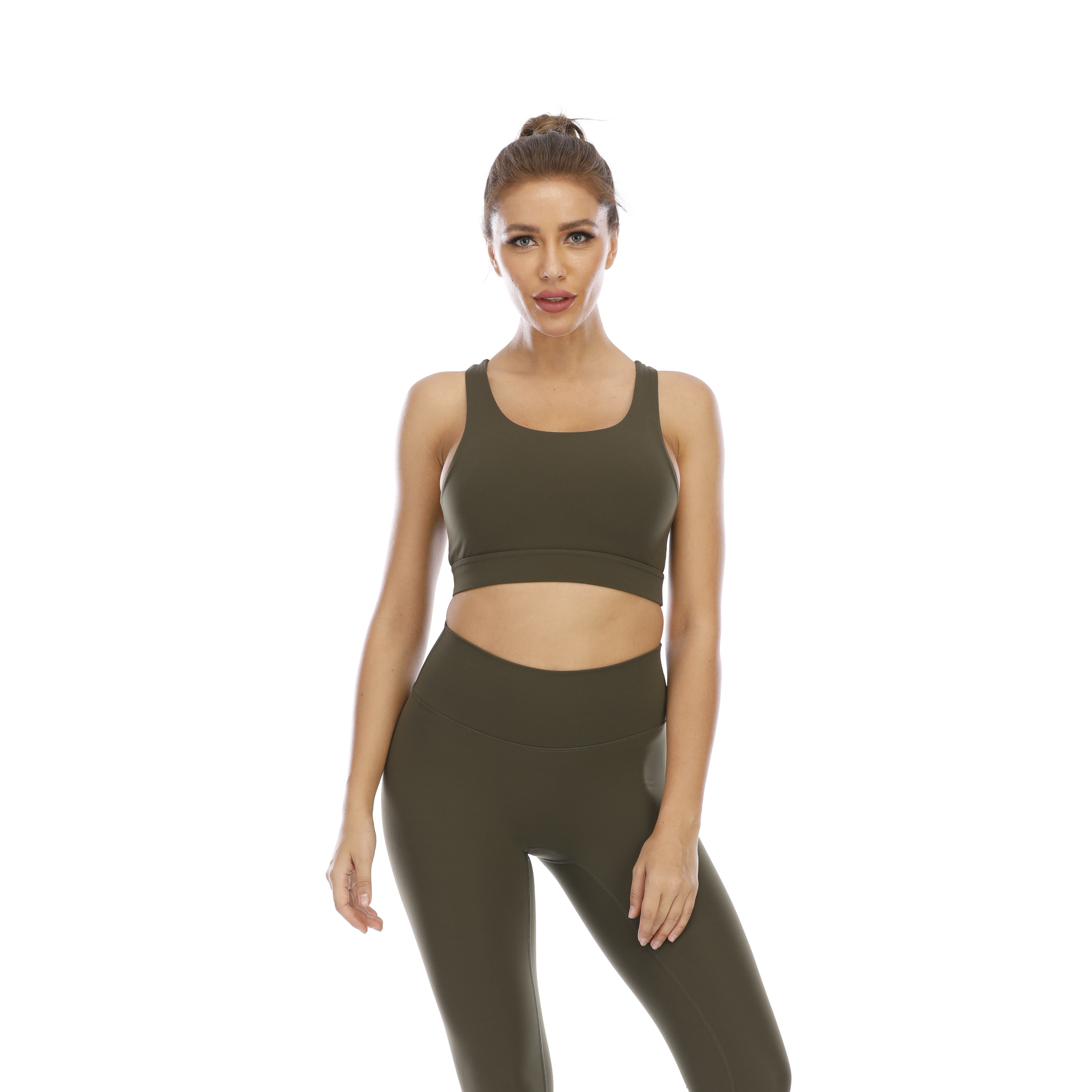 Women Dark Green Sports Bra Top Tank Long Sleeve