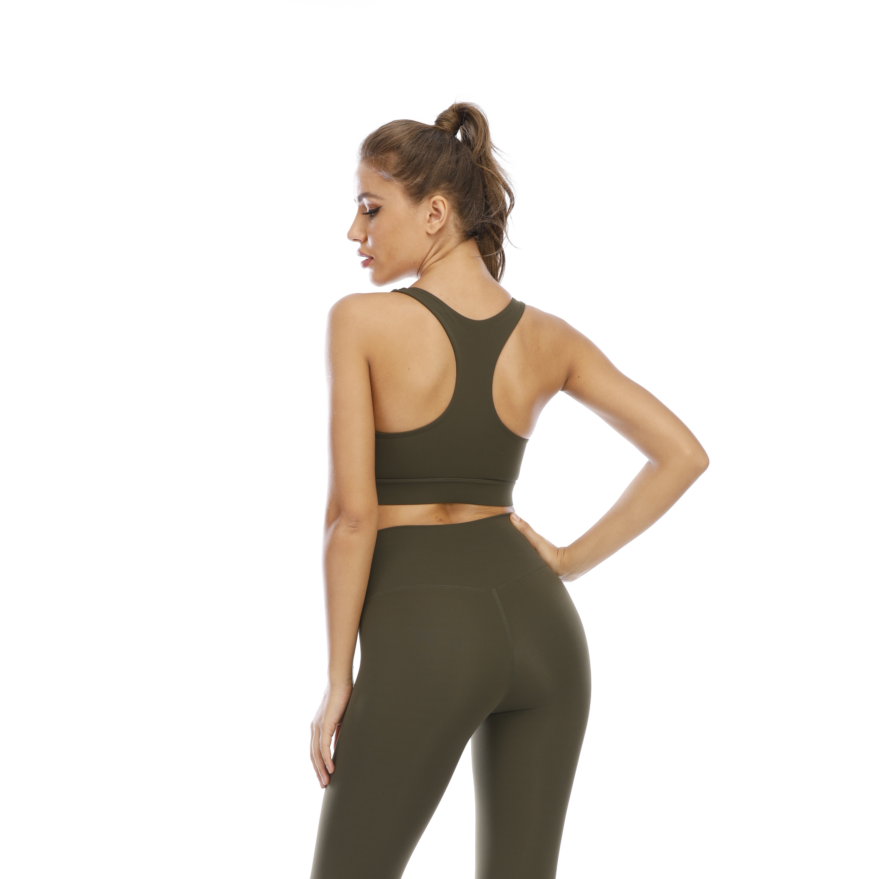 Women Dark Green Sports Bra Top Tank Long Sleeve