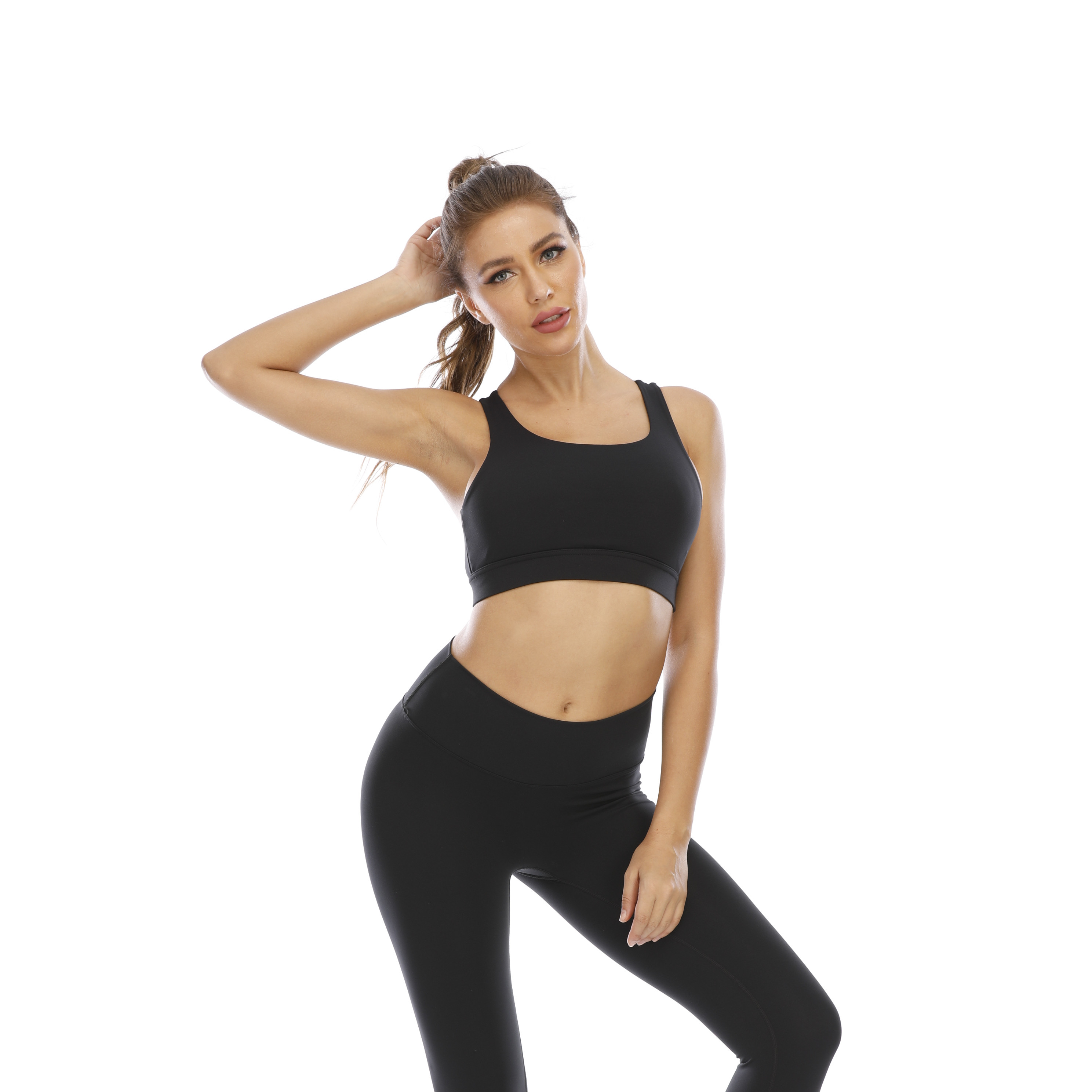 Women Y Back Black Sports Bra Top Tank Long Sleeve