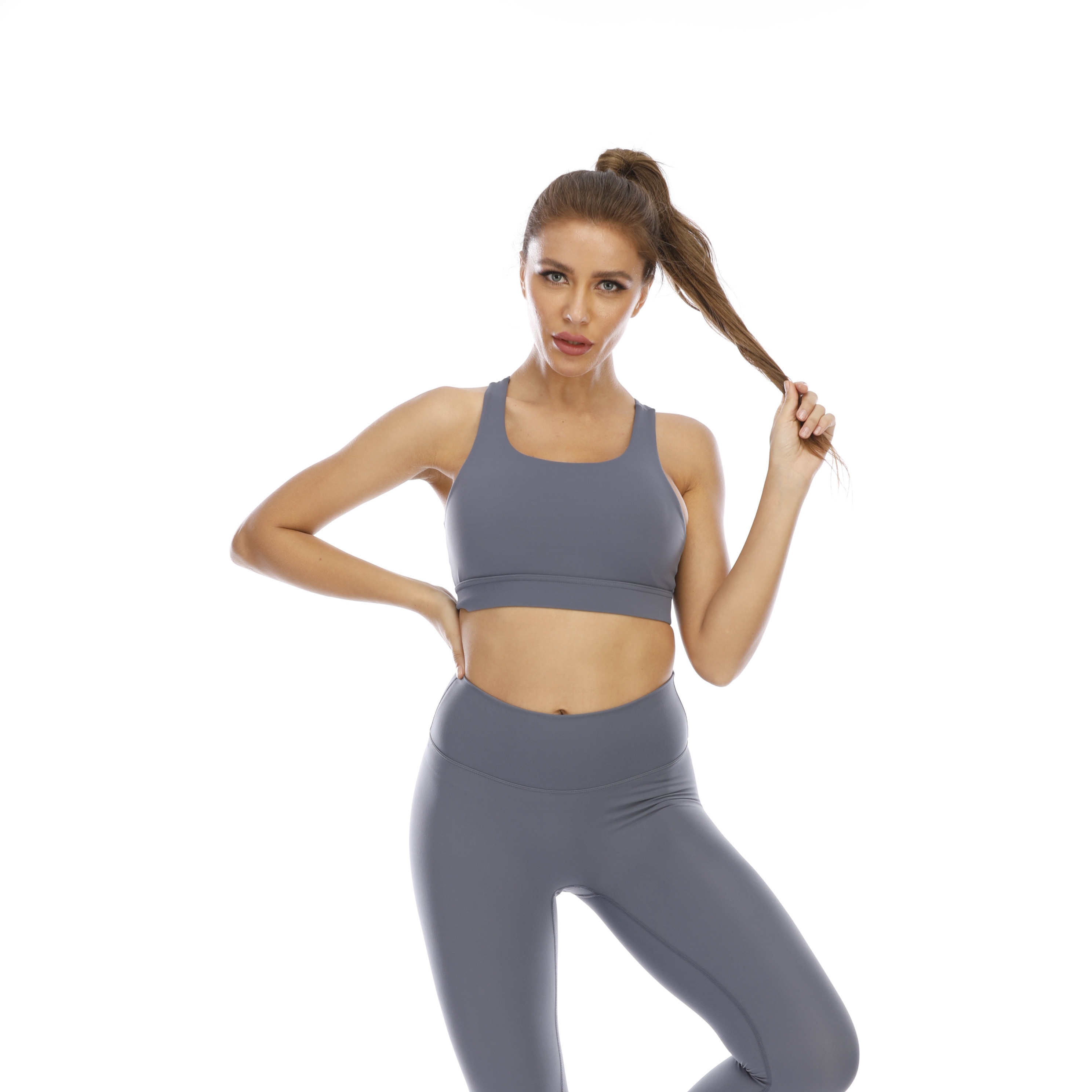 Women Y Back Grey Sports Bra Top Tank Long Sleeve