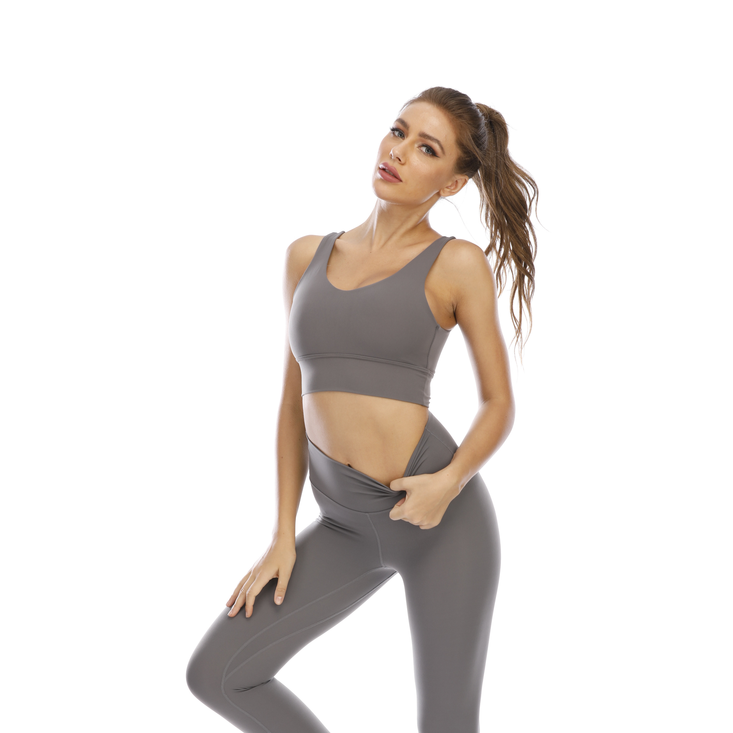 Women Grey U Back Sports Bra Top Tank Long Sleeve