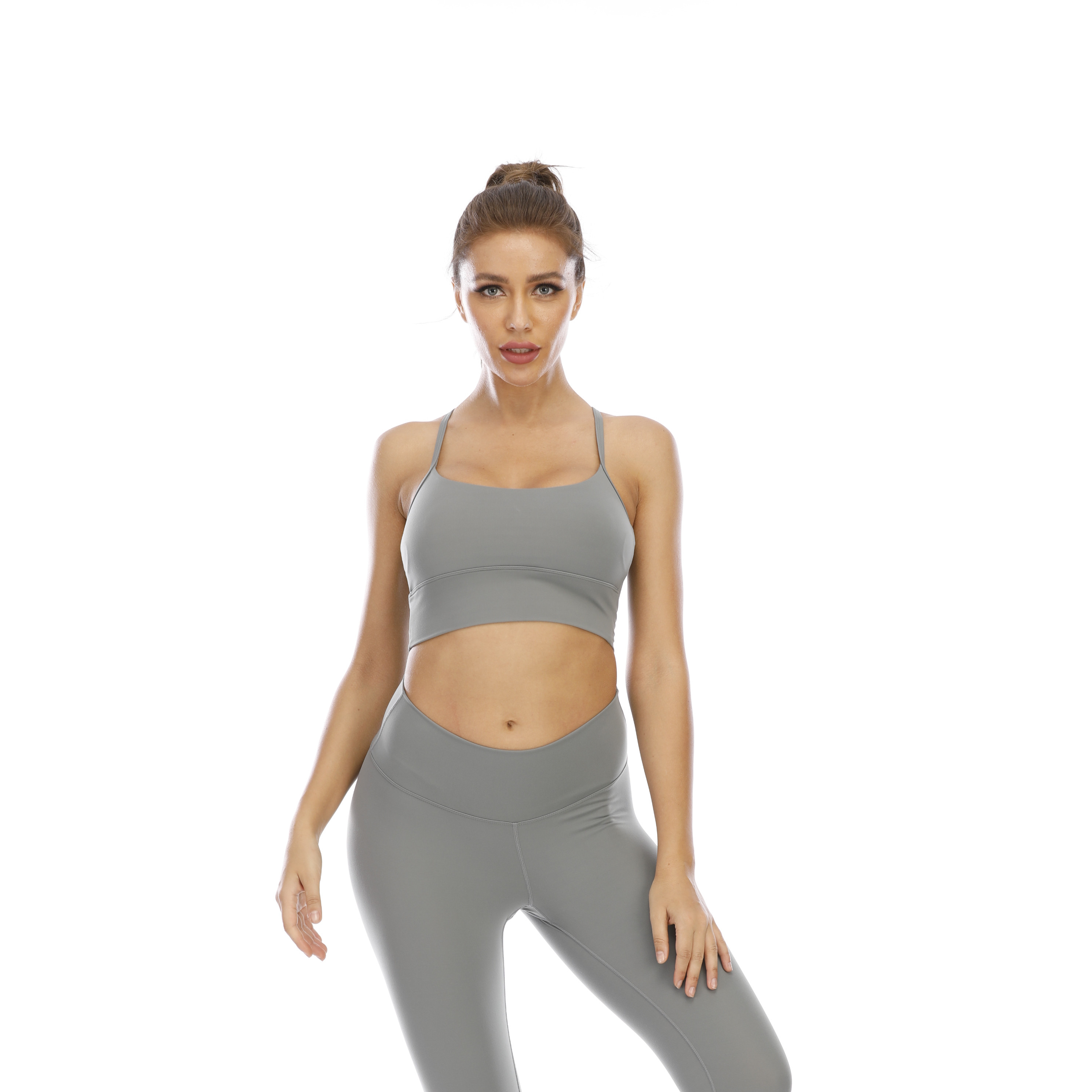 Women Y Back Light Grey Sports Bra Top Tank Long Sleeve