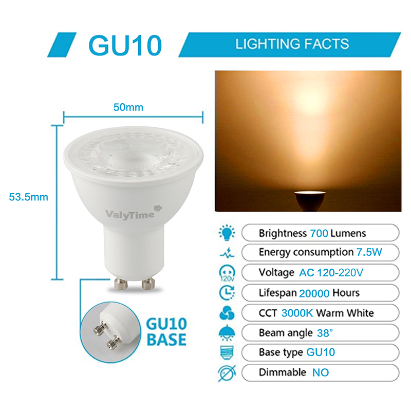 Valytime GU10 LED Light Bulbs 7W Warm White 3000K,(50W -60W-75W