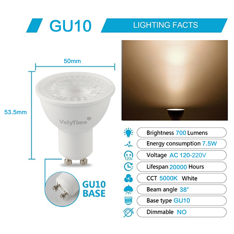 Valytime GU10 LED Light Bulbs 7W Warm White 3000K,(50W -60W