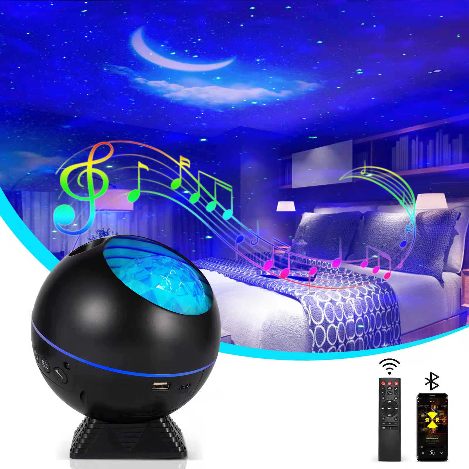 Projetor Star, Galaxy projetor Night Light alto-falante estéreo Bluetooth integrado, lâmpada LED Nebulosa Starry Sky Cloud Moon projetor com controle remoto