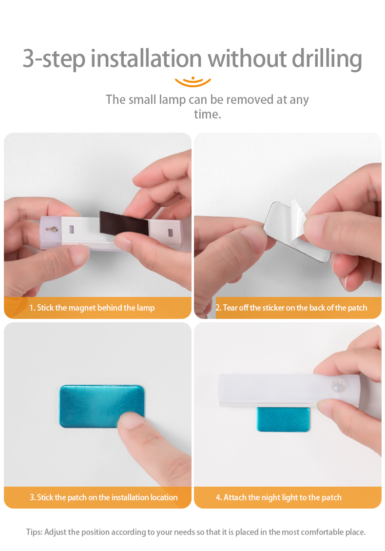 Rechargeable Motion Sensor LED Night Light - Adjustable, No Drill, Indoor Use