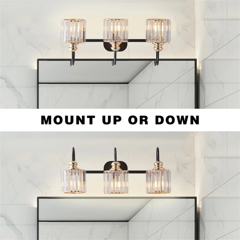 Modern Crystal Bathroom Vanity Light, Black and Gold Vanity Lighting for Mirror