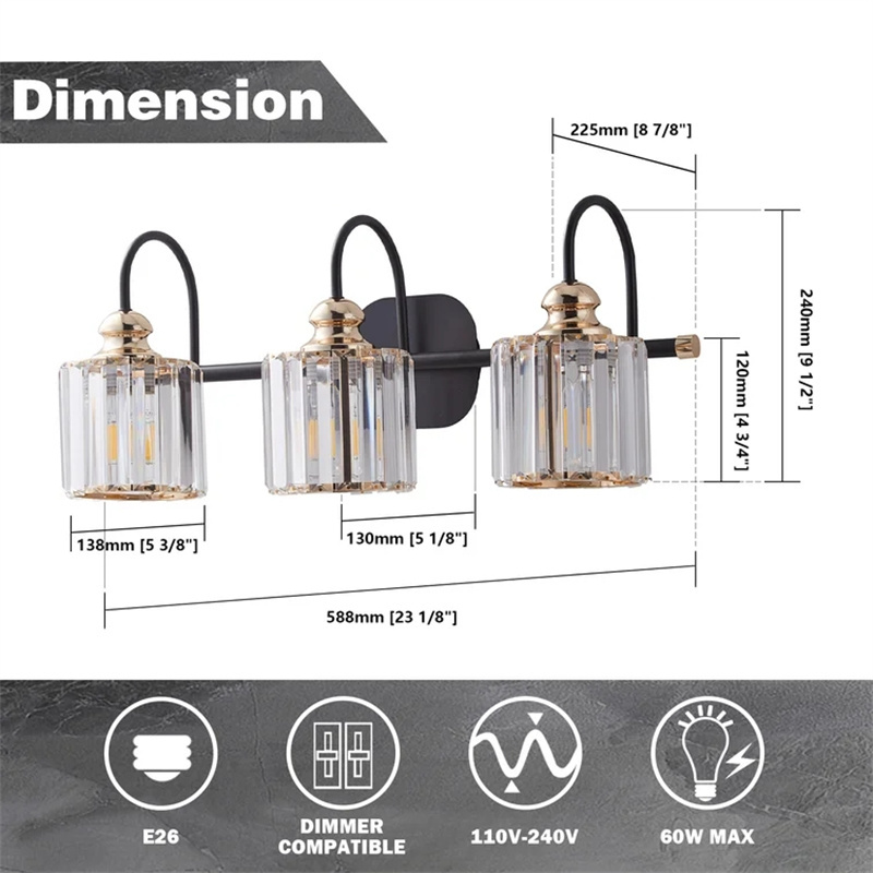 Modern Crystal Bathroom Vanity Light, Black and Gold Vanity Lighting for Mirror