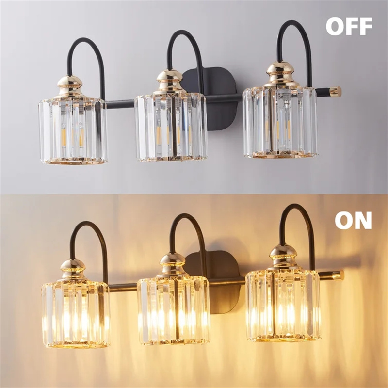 Modern Crystal Bathroom Vanity Light, Black and Gold Vanity Lighting for Mirror