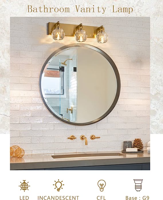 Modern Bathroom Vanity Light, Brushed Gold Frame with K9 Crystal Glass Shades