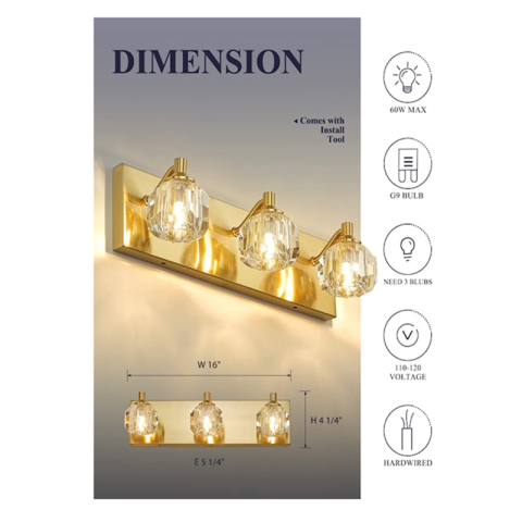 Modern Bathroom Vanity Light, Brushed Gold Frame with K9 Crystal Glass Shades