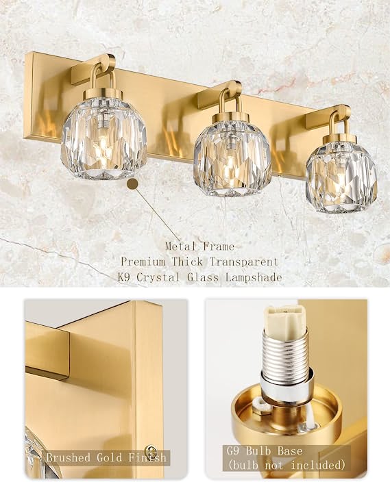Modern Bathroom Vanity Light, Brushed Gold Frame with K9 Crystal Glass Shades