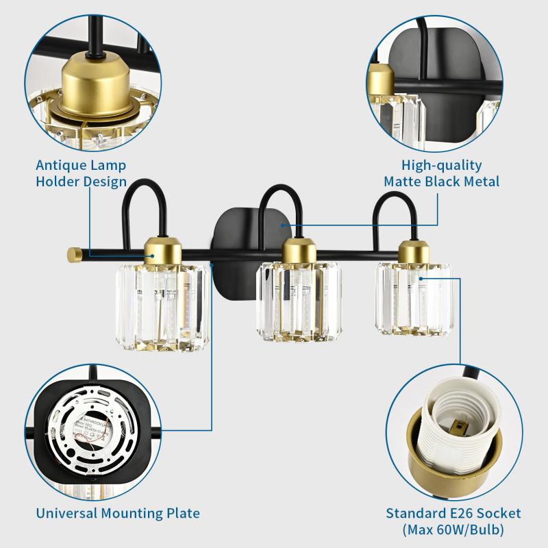 Modern Matte Black 3-Light Vanity Light, Bedroom & Living Room