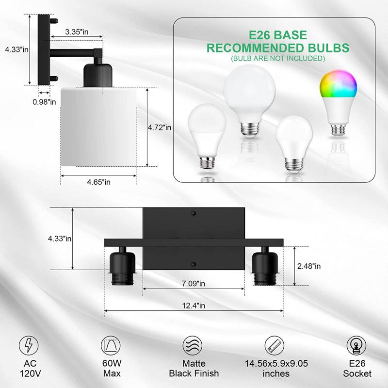 Modern Matte Black Vanity Light, 2-Light Bathroom Wall Sconce