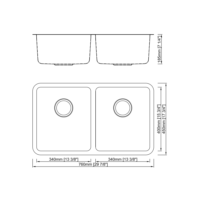 Undermount R25 Equal Double Bowls Stainless Steel Kitchen Sink