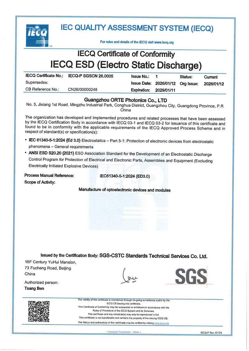 ORTE Photonics Achieves IECQ ESD Certification