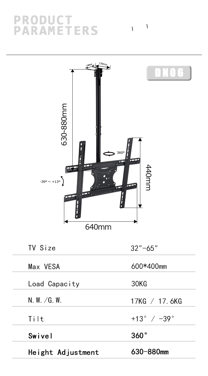 Height Adjustable Ceiling Tv Brackets For 42-75 Inch Tv