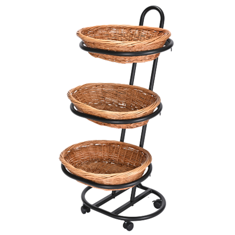 3-Tier Mobile Wicker Basket Stand para sa mga Prutas at Meryenda