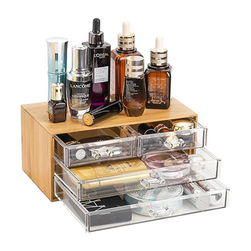 Premium Bamboo Cosmetic Storage Organizer na may Clear Acrylic Drawers