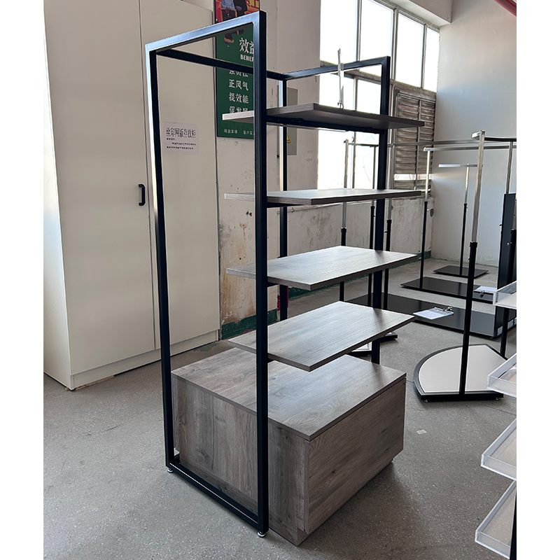 Rustic Wood & Black Metal Clothing Display Stand Manufacturers, Rustic Wood & Black Metal Clothing Display Stand Factory, Supply Rustic Wood & Black Metal Clothing Display Stand Retail Solution