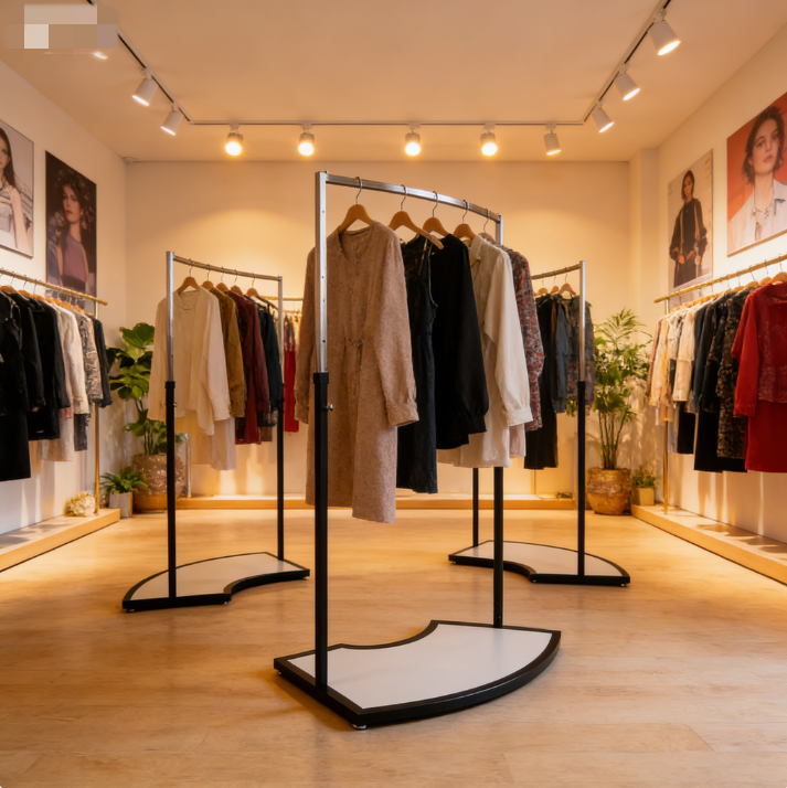 Curved Base Clothing Display Rack Manufacturers, Curved Base Clothing Display Rack Factory, Supply Curved Base Clothing Display Rack Retail Solution