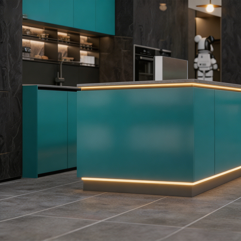 Comprar Armários de cozinha modernos em tom azul-petróleo com ilha e iluminação LED.,Armários de cozinha modernos em tom azul-petróleo com ilha e iluminação LED. Preço,Armários de cozinha modernos em tom azul-petróleo com ilha e iluminação LED.   Marcas,Armários de cozinha modernos em tom azul-petróleo com ilha e iluminação LED. Fabricante,Armários de cozinha modernos em tom azul-petróleo com ilha e iluminação LED. Mercado,Armários de cozinha modernos em tom azul-petróleo com ilha e iluminação LED. Companhia,