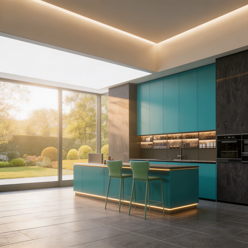 Comprar Armários de cozinha modernos em tom azul-petróleo com ilha e iluminação LED.,Armários de cozinha modernos em tom azul-petróleo com ilha e iluminação LED. Preço,Armários de cozinha modernos em tom azul-petróleo com ilha e iluminação LED.   Marcas,Armários de cozinha modernos em tom azul-petróleo com ilha e iluminação LED. Fabricante,Armários de cozinha modernos em tom azul-petróleo com ilha e iluminação LED. Mercado,Armários de cozinha modernos em tom azul-petróleo com ilha e iluminação LED. Companhia,