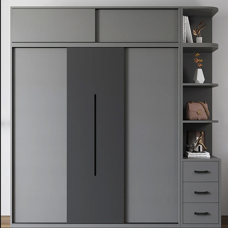 Tủ quần áo trượt đa chức năng màu xám với tháp lưu trữ gắn liền