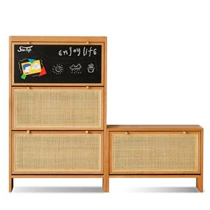 Modern Rattan Door Entryway Cabinet with Chalkboard Panel and Multi-Level Storage