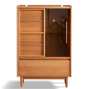 Lemari Pajangan Kayu Gaya Mid Century dengan Pintu Kaca dan Laci Penyimpanan