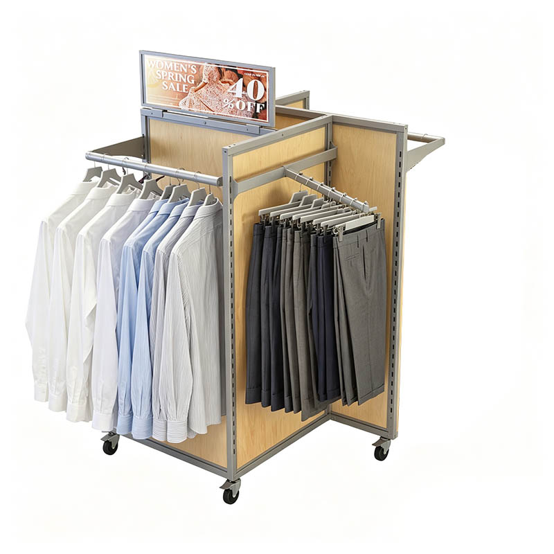 Mobile Double-Sided Clothing Display Rack with Wood Panels Manufacturers, Mobile Double-Sided Clothing Display Rack with Wood Panels Factory, Supply Mobile Double-Sided Clothing Display Rack with Wood Panels Retail Solution