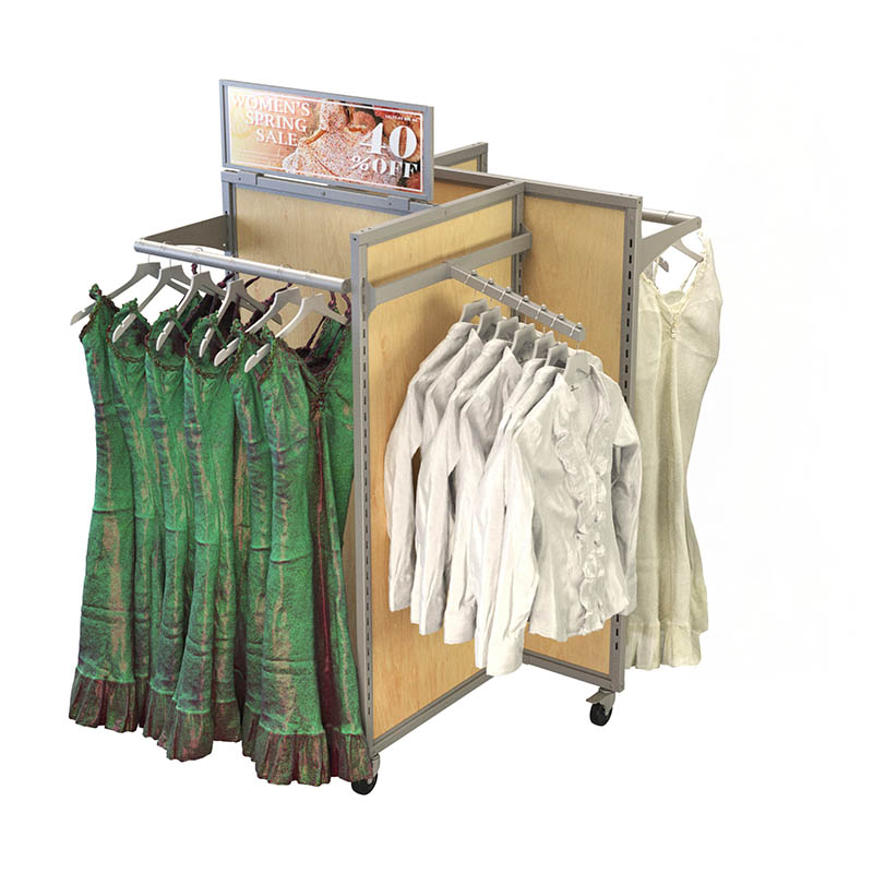 Mobile Double-Sided Clothing Display Rack with Wood Panels Manufacturers, Mobile Double-Sided Clothing Display Rack with Wood Panels Factory, Supply Mobile Double-Sided Clothing Display Rack with Wood Panels Retail Solution