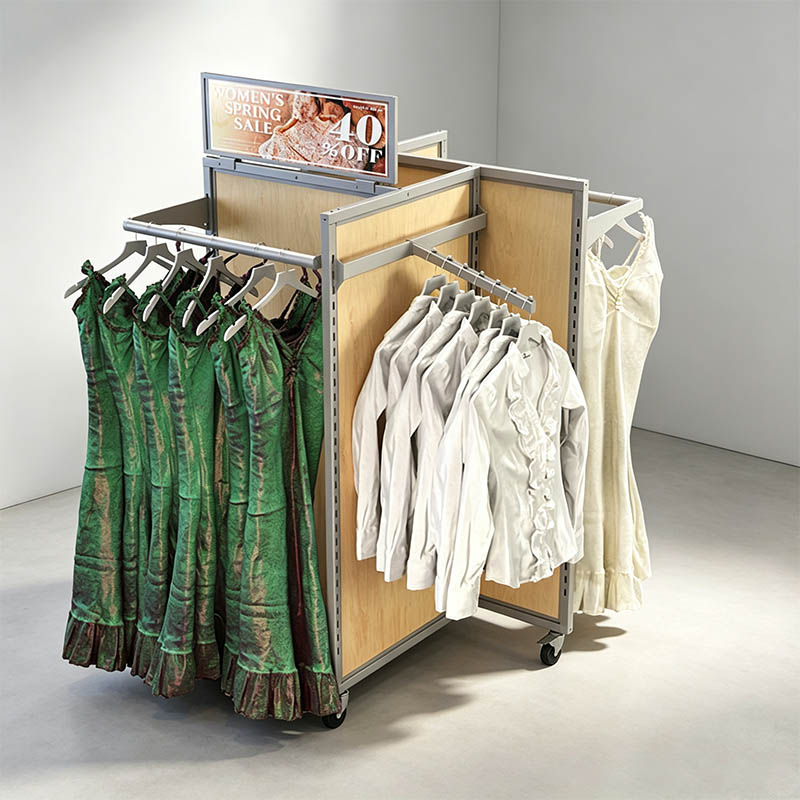 Mobile Double-Sided Clothing Display Rack with Wood Panels Manufacturers, Mobile Double-Sided Clothing Display Rack with Wood Panels Factory, Supply Mobile Double-Sided Clothing Display Rack with Wood Panels Retail Solution