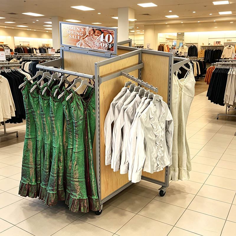 Mobile Double-Sided Clothing Display Rack with Wood Panels Manufacturers, Mobile Double-Sided Clothing Display Rack with Wood Panels Factory, Supply Mobile Double-Sided Clothing Display Rack with Wood Panels Retail Solution