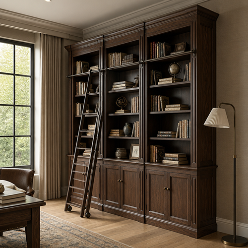 wooden bookcases and storage