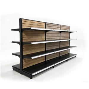 Dobleng Panig na Gondola Retail Shelving na may mga Wood Panel
