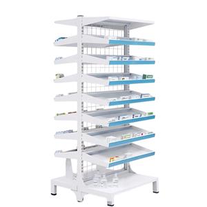 Schräges Apotheken-Gondelregal mit 14 robusten, schrägen Metalltabletts