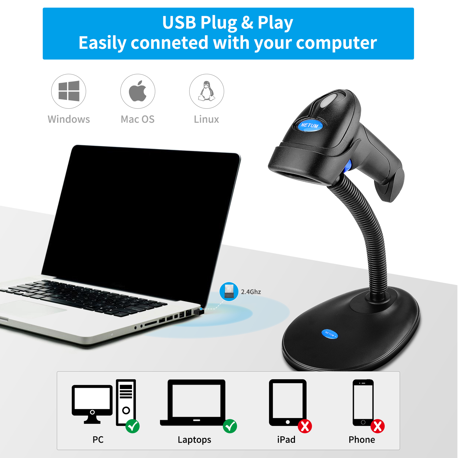 1D Wireless Barcode Scanner