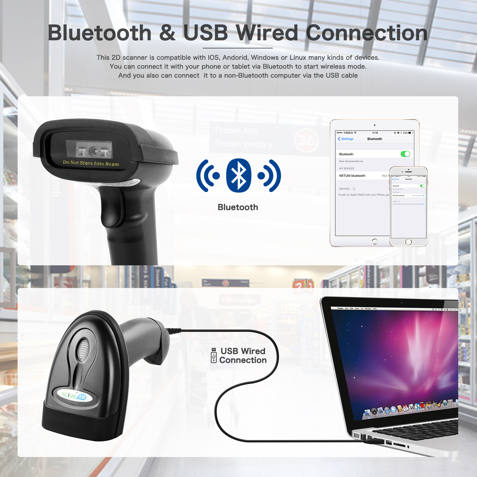 NETUM NT-1228BL Scanner Code Barres Bluetooth 2D QR - Sans Fil USB Pour IOS Android PC