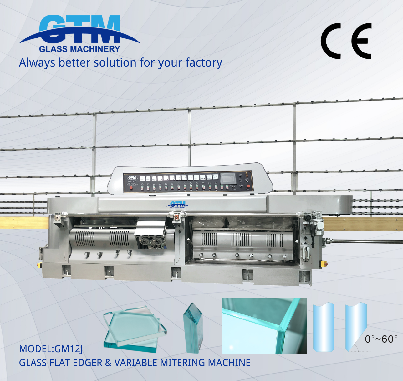 GM12J Glass Flat Edger & Variable Mitering Machine