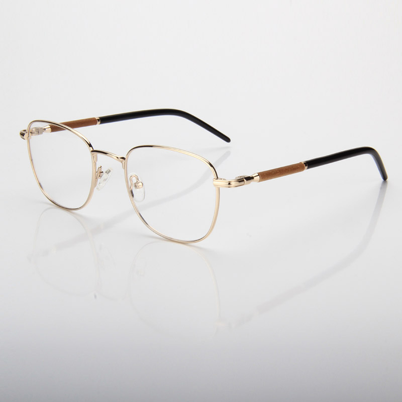 Unisex Metal Eyeglasses With Wood Temple