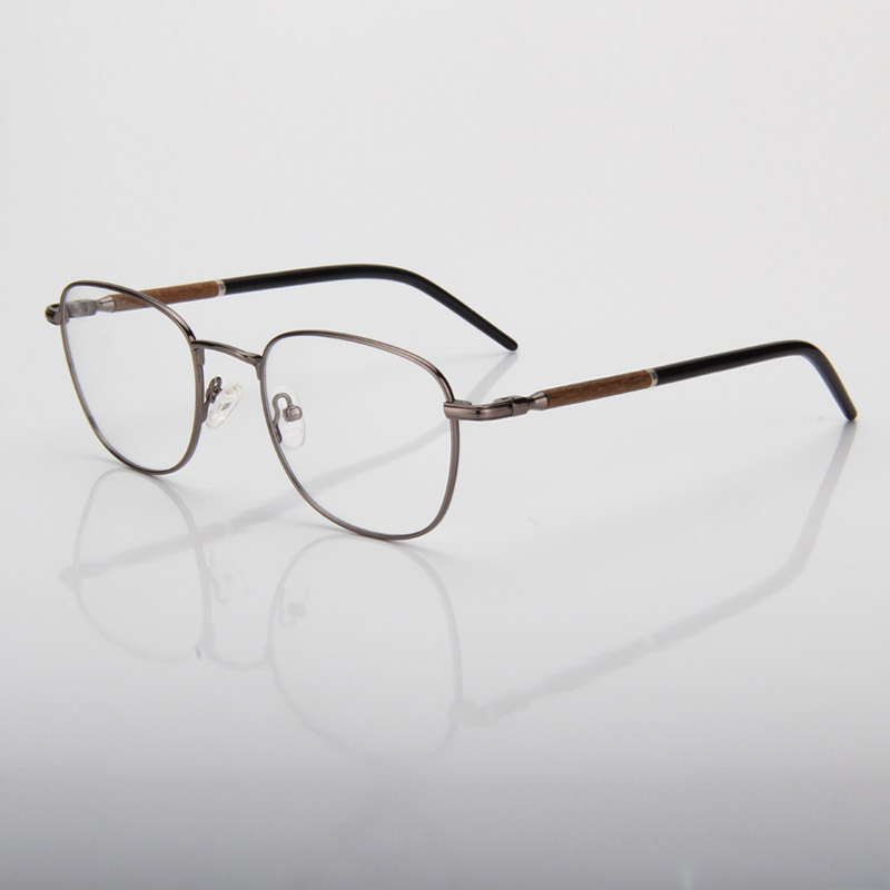 Unisex Metal Eyeglasses With Wood Temple